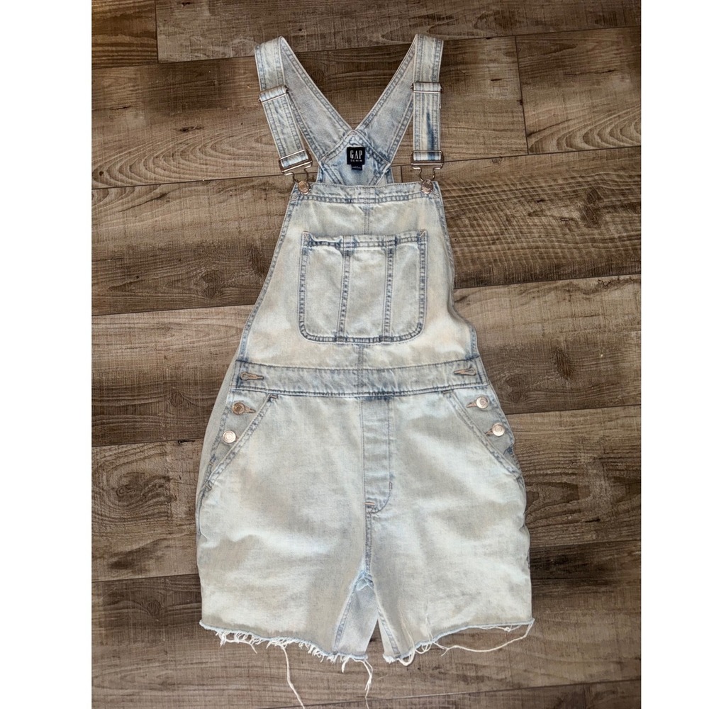 Gap Denim Shortalls Womens XS Light Wash Raw Hem Jean Overalls Bib Shorts